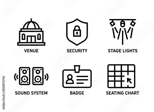 Venue Security Stage Lights Sound System Badge Seating Chart Minimal Bold Line Icon Set
