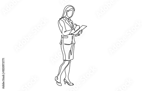 Continuous line drawing of young happy female worker standing while write business note from mentor on paper at clipboard. Isolated on transparent background
