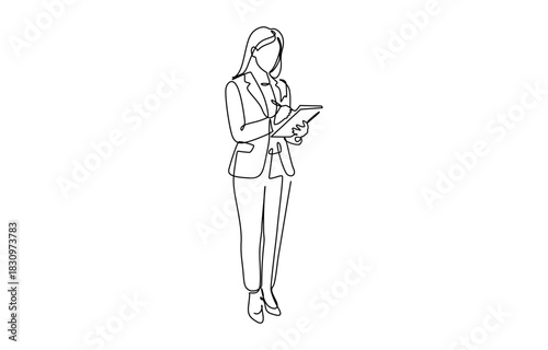 Continuous line drawing of young happy female worker standing while write business note from mentor on paper at clipboard. Isolated on transparent background