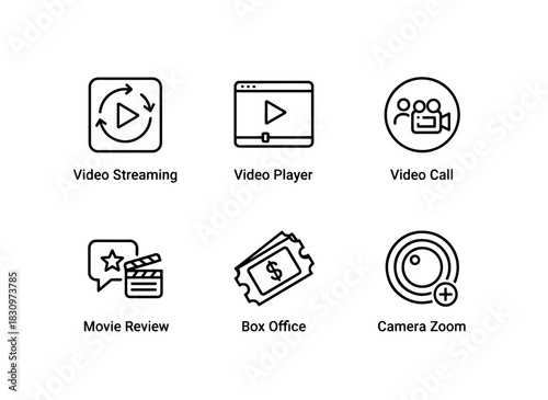 Video Streaming Video Player Video Call Movie Review Box Office Camera Zoom Minimal Bold Line Icon Set