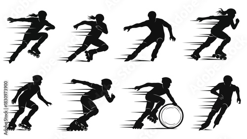 Collection of eight dynamic black silhouette icons depicting male and female rollerbladers skating fast with motion, isolated on white background