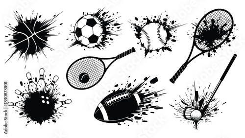 Collection of dynamic black and white sports equipment icons featuring grunge ink splash effects for energetic design, isolated on white background