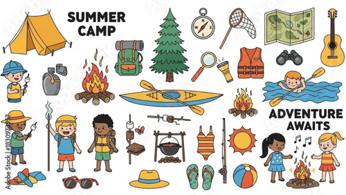 Summer Camp Adventure Icons Nature, Recreation, and Fun