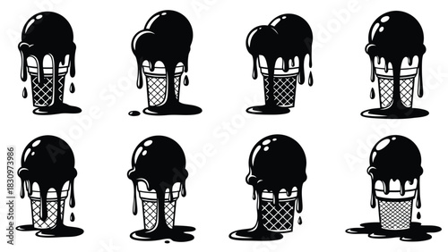 Collection of eight melting black chocolate ice cream scoops in waffle cones showing various drips and puddles, bold, isolated on white background