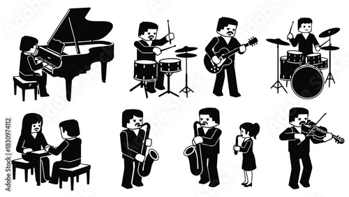 Collection of stylized black silhouette figures playing various musical instruments including piano, drums, guitar,, isolated on white background