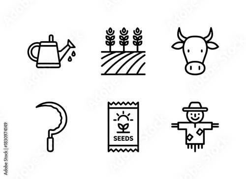 Watering Can Crop Field Farm Animal Sickle Seed Packet Scarecrow Minimal Bold Line Icon Set