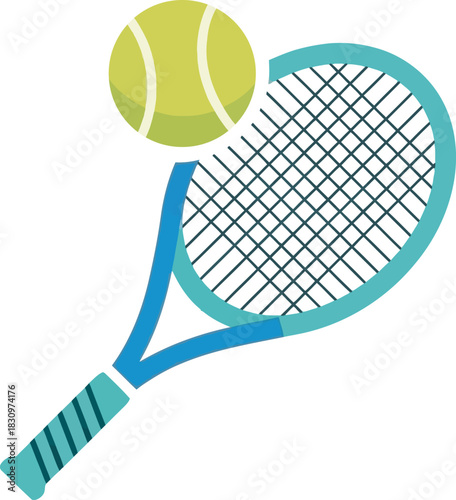 Detailed vector illustration of a classic tennis racket (light blue frame) and a tennis ball. Perfect sports graphic for professional clubs, instructional materials, or general racquet sport branding 