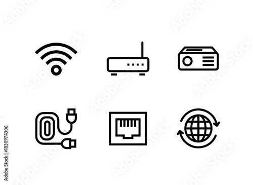 WiFi Signal Router Modem Network Cable Ethernet Port Internet Globe Minimal Bold Line Icon Set