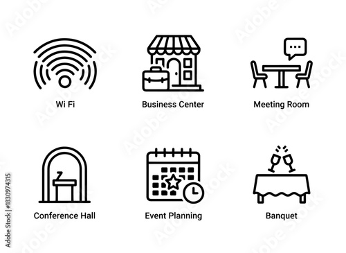 Wi Fi Business Center Meeting Room Conference Hall Event Planning Banquet Minimal Bold Line Icon Set