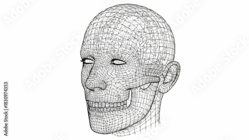 Wireframe Human Head With Visible Skull Structure.