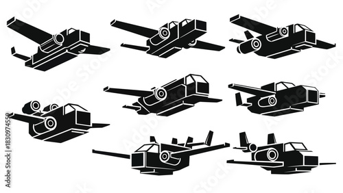 Collection of futuristic black and white spaceship icons showing various angles of flight and propulsion systems,, isolated on white background