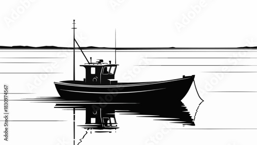 A solitary fishing boat rests on calm waters reflecting its silhouette.