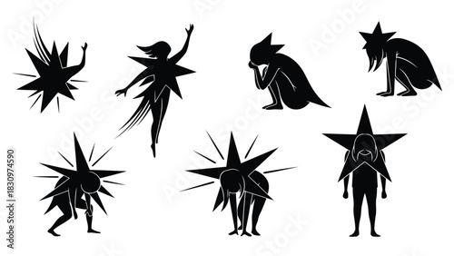 Set of abstract human silhouettes wearing large sharp stars showing various emotional states like despair, energy, and, isolated on white background