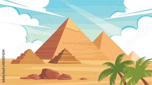 Cartoon Egyptian Pyramids Landscape with Palm Trees and Sunny Sky - Ancient Wonders and Desert Scenery in Vector Illustration Style