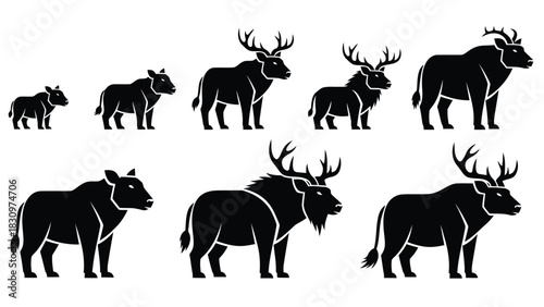 Collection of diverse bovine and cervid animal silhouettes showing growth stages and antler variations in a clean, isolated on white background