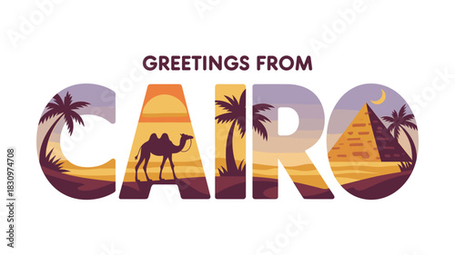 Greetings from Cairo: Vector Illustration with Egyptian Landmarks, Featuring Pyramids, Palm Trees, and Desert Landscapes in a Retro Style Design