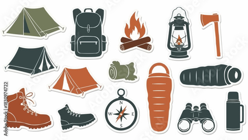 Set of Camping and Hiking Equipment Sticker Illustrations.