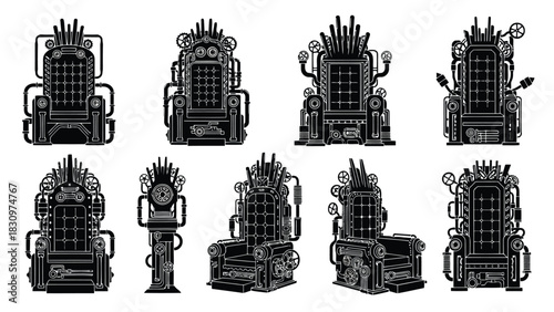 Collection of eight detailed black silhouette vector illustrations representing elaborate steampunk thrones and, isolated on white background