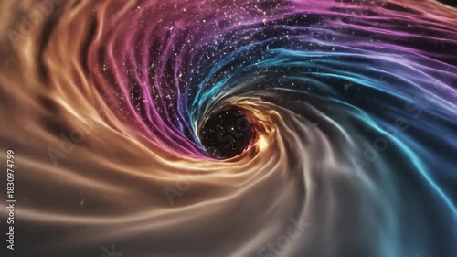 Swirling cosmos of colorful cosmic dust, leading to a star-filled vortex in an ethereal, dreamlike space scene