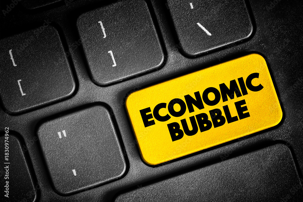 Fototapeta premium Economic Bubble is a period when current asset prices greatly exceed their intrinsic valuation, text button on keyboard, concept background