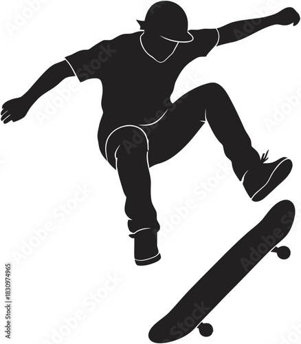 Monochromatic vector silhouette of a skater in a baseball cap executing a dynamic trick mid-air. Ideal black vector art for apparel, grunge design, music branding, and urban wear.