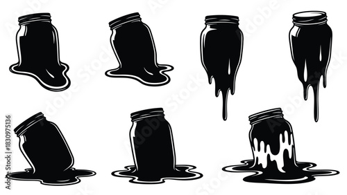 Collection of seven black silhouette mason jars leaking thick, viscous, dripping black paint or slime in various messy, isolated on white background