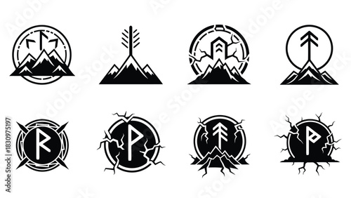 Collection of eight black and white vector icons featuring ancient Norse runes and stylized mountain peaks with, isolated on white background