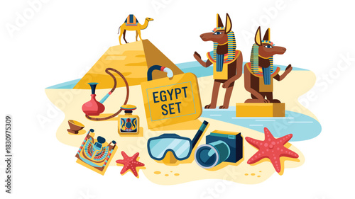 Vibrant Egypt Set Illustration: Featuring Pyramids, Camels, Anubis Statues, Hookah, and Diving Gear for a Colorful Travel Concept