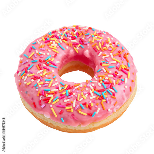 Delicious Pink Frosted Donut With Colorful Sprinkles on a White Background