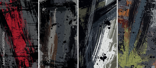 Abstract grunge artwork featuring bold brushstrokes and splatters in red, black, and gray tones, creating a dynamic and textured composition.