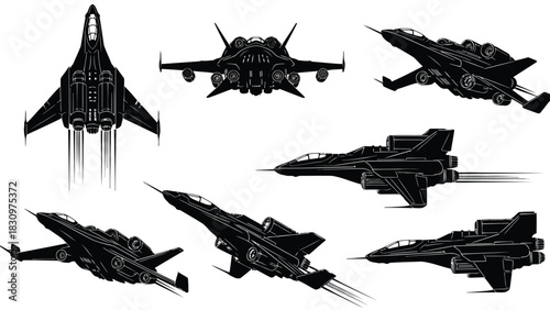 Set of seven detailed black silhouette icons depicting futuristic military spacecraft and advanced fighter jets viewed, isolated on white background