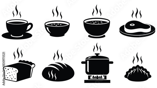 Set of eight black and white steaming hot food icons including coffee, soup, steak, bread, and dumplings, perfect for, isolated on white background
