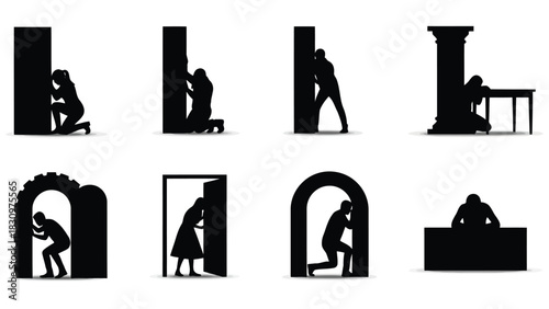 Set of eight black silhouette icons depicting people hiding behind various objects like walls, columns, doors, and, isolated on white background