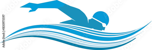 Striking blue silhouette of a swimmer executing the freestyle stroke, riding stylized blue waves. This icon is excellent for aquatic sports branding, swim clubs, pools, fitness training, and triathlon