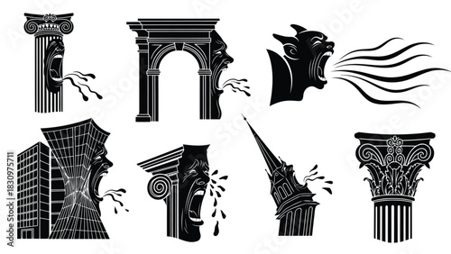 Collection of screaming architectural elements and demonic figures expressing extreme anger, anguish, and loud, isolated on white background