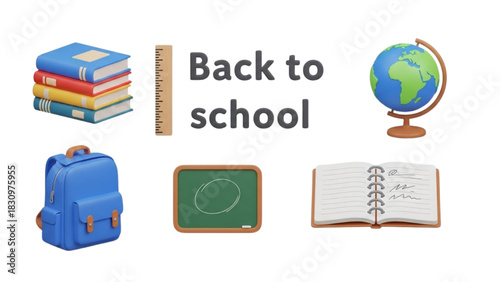 Back to School Books, Globe, Backpack, and More Isolated on White