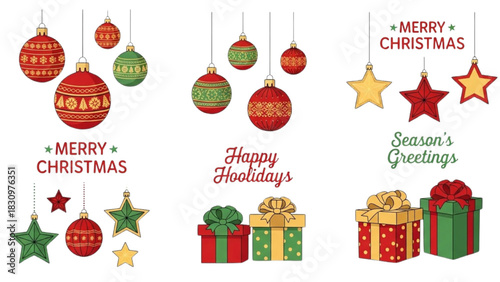 A collection of hand-drawn Christmas ornaments and gift boxes for festive holiday designs