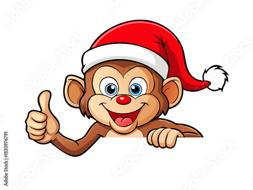 A Christmas monkey animal cartoon character in a Santa hat. Behind a sign peeking over a sign and pointing at it while giving a thumbs up .vector icon