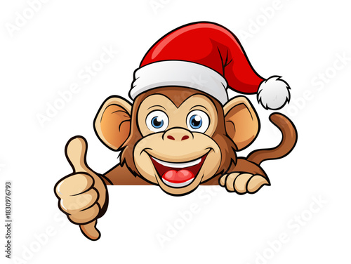 A Christmas monkey animal cartoon character in a Santa hat. Behind a sign peeking over a sign and pointing at it while giving a thumbs up .vector icon