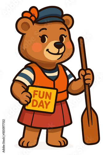 Cheerful bear character holding a Fun Day sign wearing a life vest and holding a paddle, perfect for a kids' event