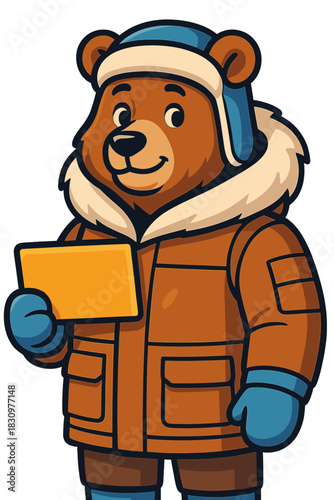 Friendly cartoon bear holding a yellow card in a winter jacket with a blue hat
