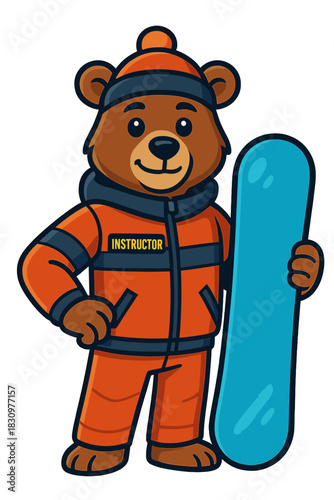 Friendly bear instructor ready to teach snowboarding on a winter day