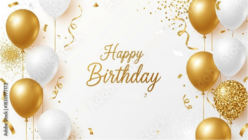 Elegant Happy Birthday Celebration with Gold and White Balloons