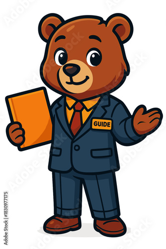Friendly bear dressed as a tour guide holding a folder while smiling and posing for visitors in a fun and engaging environment