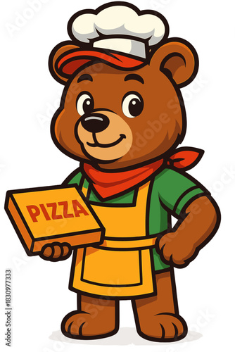 Bear chef proudly holds pizza box in a bright cartoon setting ready to serve delicious food