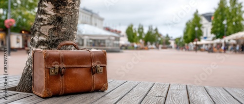 Vintage brown suitcase resting on a wooden bench in a quiet town square during a cloudy afternoon