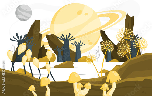 Alien landscape with strange plants and ringed planet rings extraterrestrial