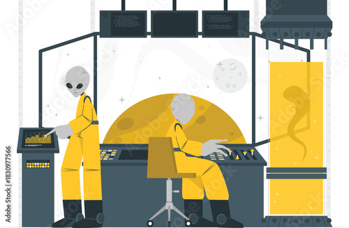 Aliens in a laboratory with a specimen in a tank extraterrestrial science