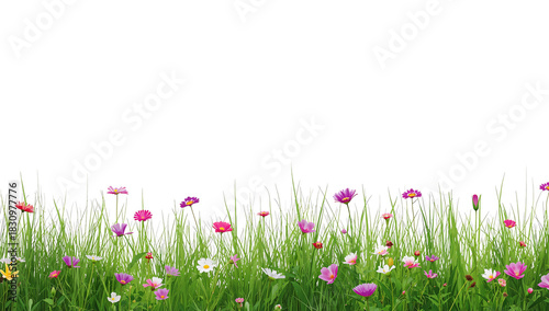Colorful Wildflowers Bloom in a Bright Green Field Under Clear Sky in Springtime