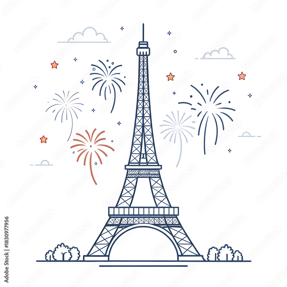 Fototapeta premium A minimal Eiffel Tower design accented with small abstract fireworks creating a festive modern visual highlighting
